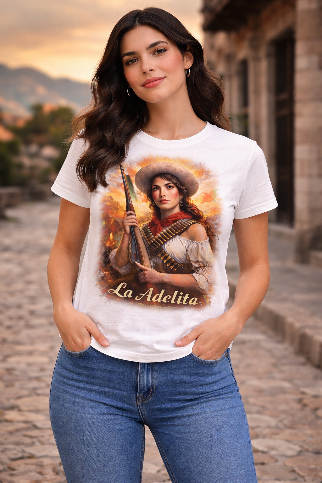 Playera blanca de luxe La Adelita